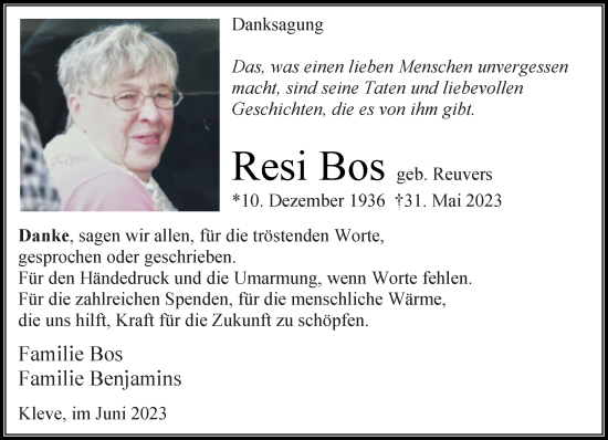 Traueranzeige von Resi Bos von Rheinische Post
