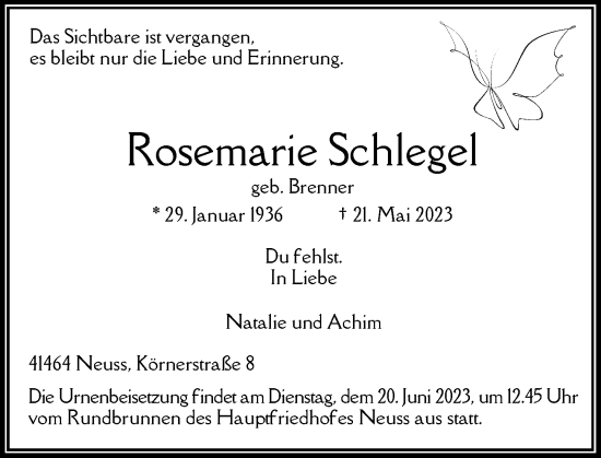 Traueranzeige von Rosemarie Schlegel von Rheinische Post