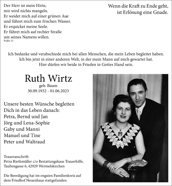 Traueranzeige von Ruth Wirtz von Rheinische Post