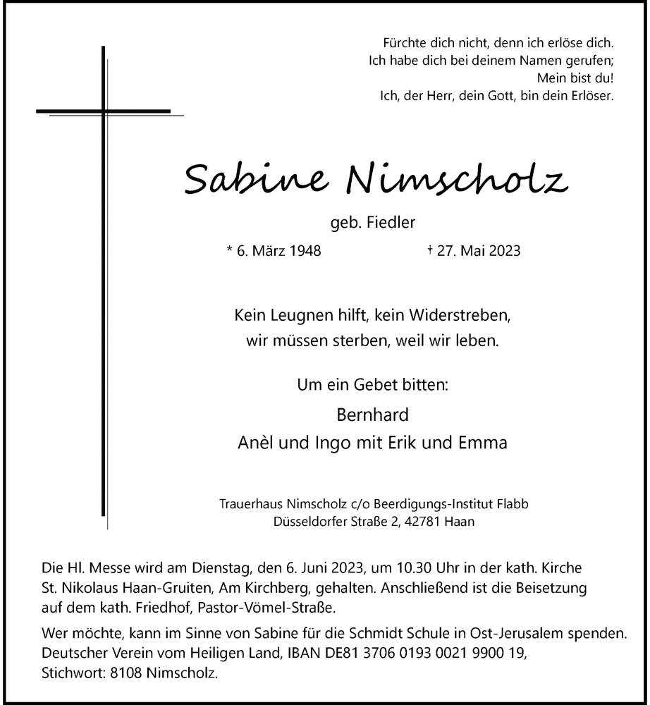  Traueranzeige für Sabine Nimscholz vom 03.06.2023 aus Rheinische Post