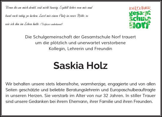 Traueranzeige von Saskia Holz von Rheinische Post