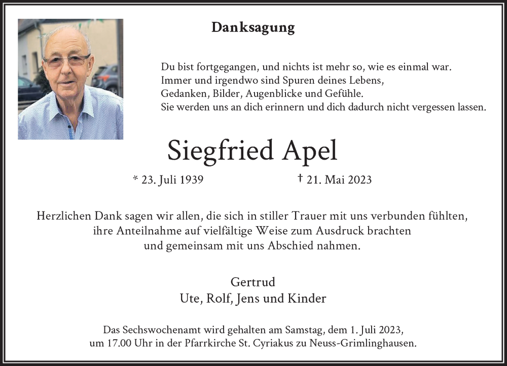  Traueranzeige für Siegfried Apel vom 24.06.2023 aus Rheinische Post