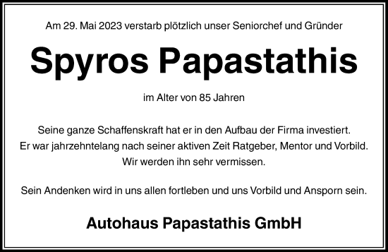 Traueranzeige von Spyros Papastathis von Rheinische Post