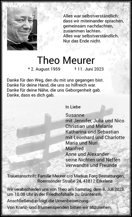 Traueranzeige von Theo Meurer von Rheinische Post