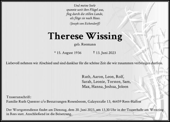 Traueranzeige von Therese Wissing von Rheinische Post