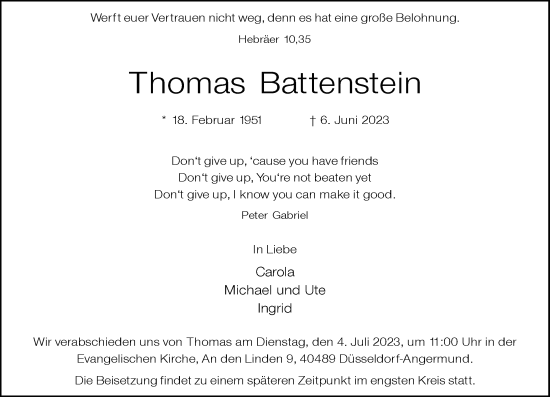 Traueranzeige von Thomas Battenstein von Rheinische Post