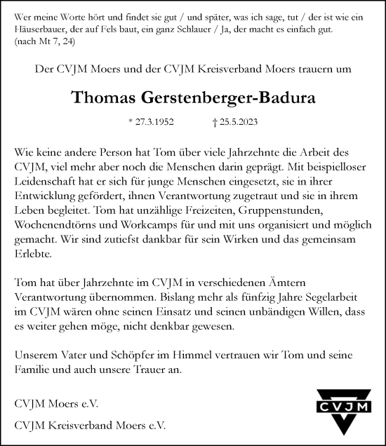 Traueranzeige von Thomas Gerstenberger-Badura von Rheinische Post