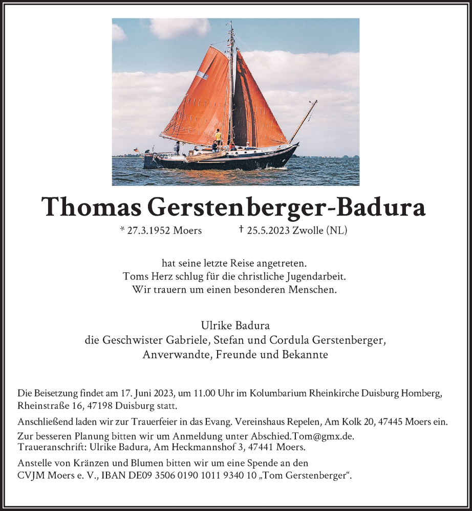  Traueranzeige für Thomas Gerstenberger-Badura vom 03.06.2023 aus Rheinische Post