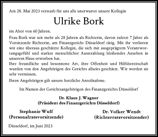 Traueranzeige von Ulrike Bork von Rheinische Post