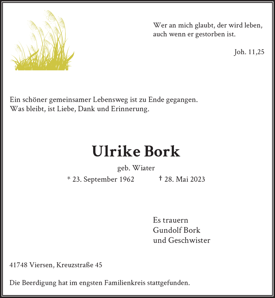  Traueranzeige für Ulrike Bork vom 10.06.2023 aus Rheinische Post