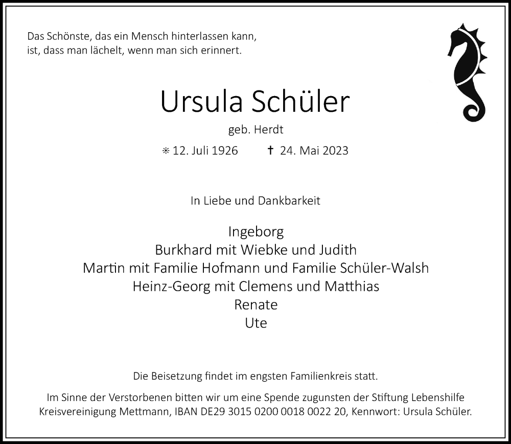  Traueranzeige für Ursula Schüler vom 03.06.2023 aus Rheinische Post