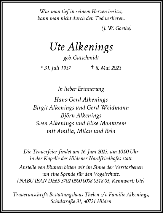 Traueranzeige von Ute Alkenings von Rheinische Post
