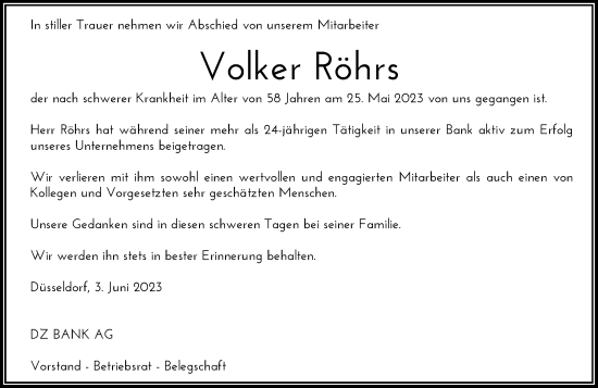 Traueranzeige von Volker Röhrs von Rheinische Post