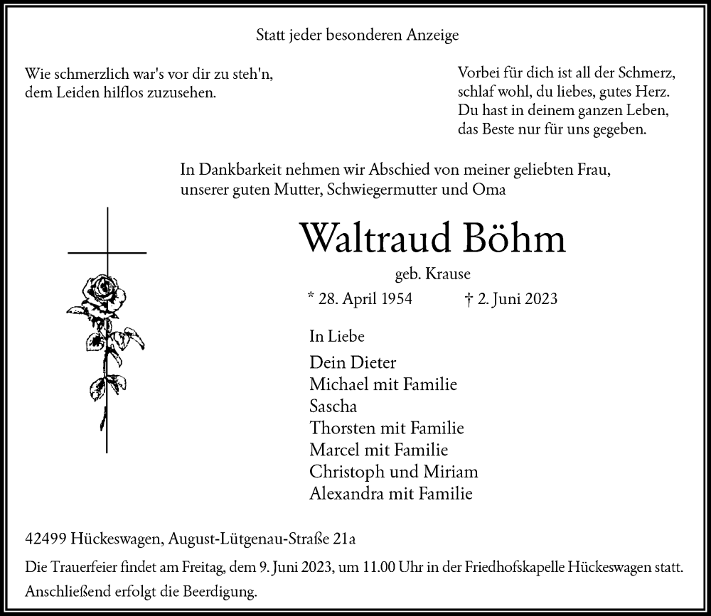  Traueranzeige für Waltraud Böhm vom 07.06.2023 aus Rheinische Post