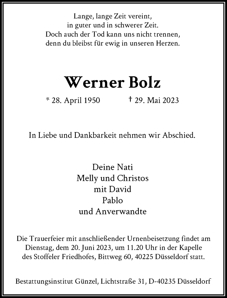  Traueranzeige für Werner Bolz vom 17.06.2023 aus Rheinische Post