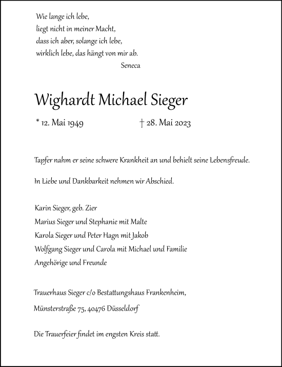 Traueranzeige von Wighardt Michael Sieger von Rheinische Post