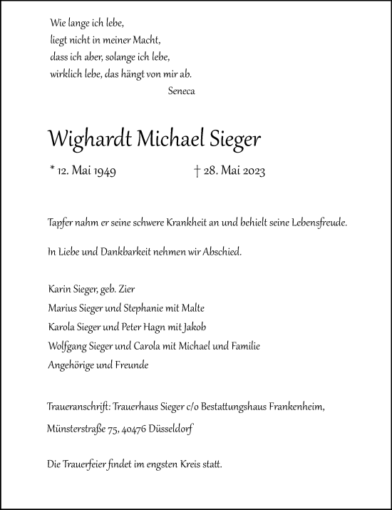 Traueranzeige von Wighardt Michael Sieger von Rheinische Post