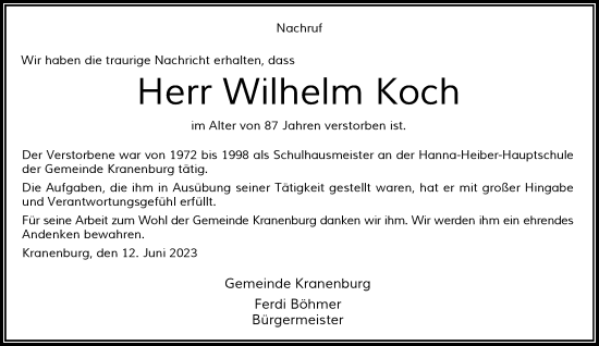 Traueranzeige von Wilhelm Koch von Rheinische Post