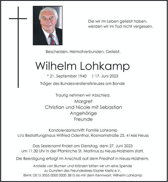 Traueranzeige von Wilhelm Lohkamp von Rheinische Post