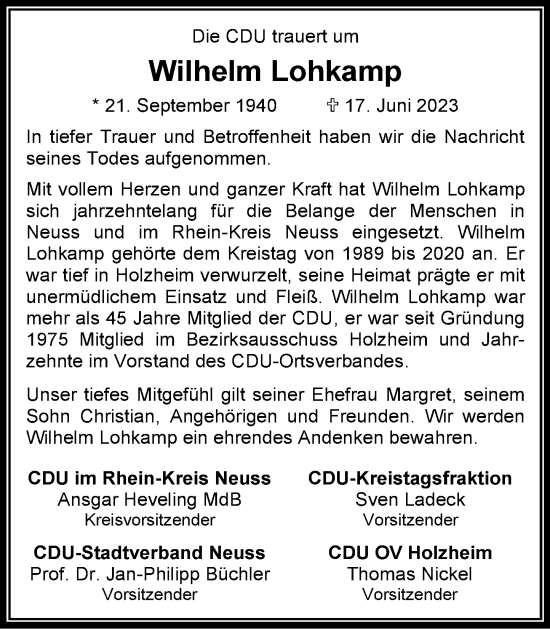 Traueranzeige von Wilhelm Lohkamp von Rheinische Post