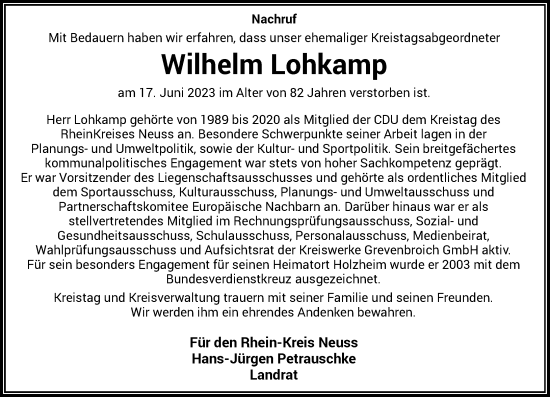 Traueranzeige von Wilhelm Lohkamp von Rheinische Post