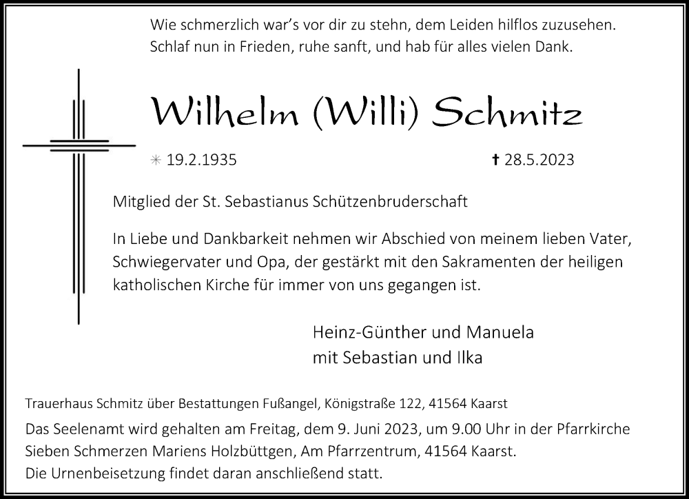  Traueranzeige für Wilhelm Schmitz vom 03.06.2023 aus Rheinische Post