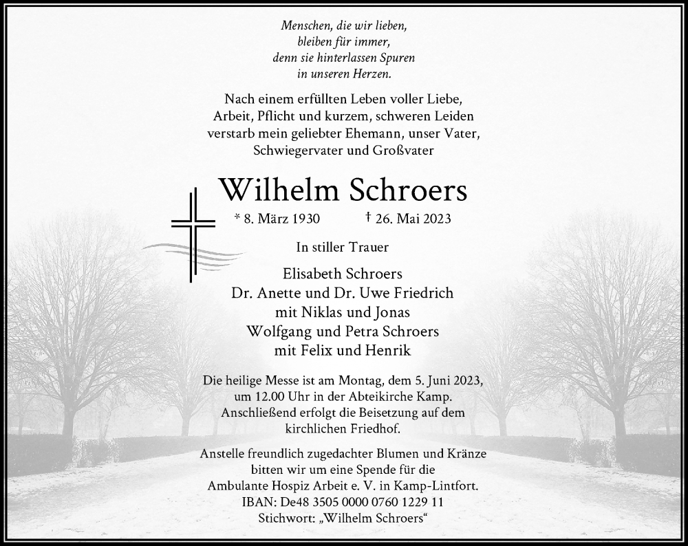  Traueranzeige für Wilhelm Schroers vom 01.06.2023 aus Rheinische Post