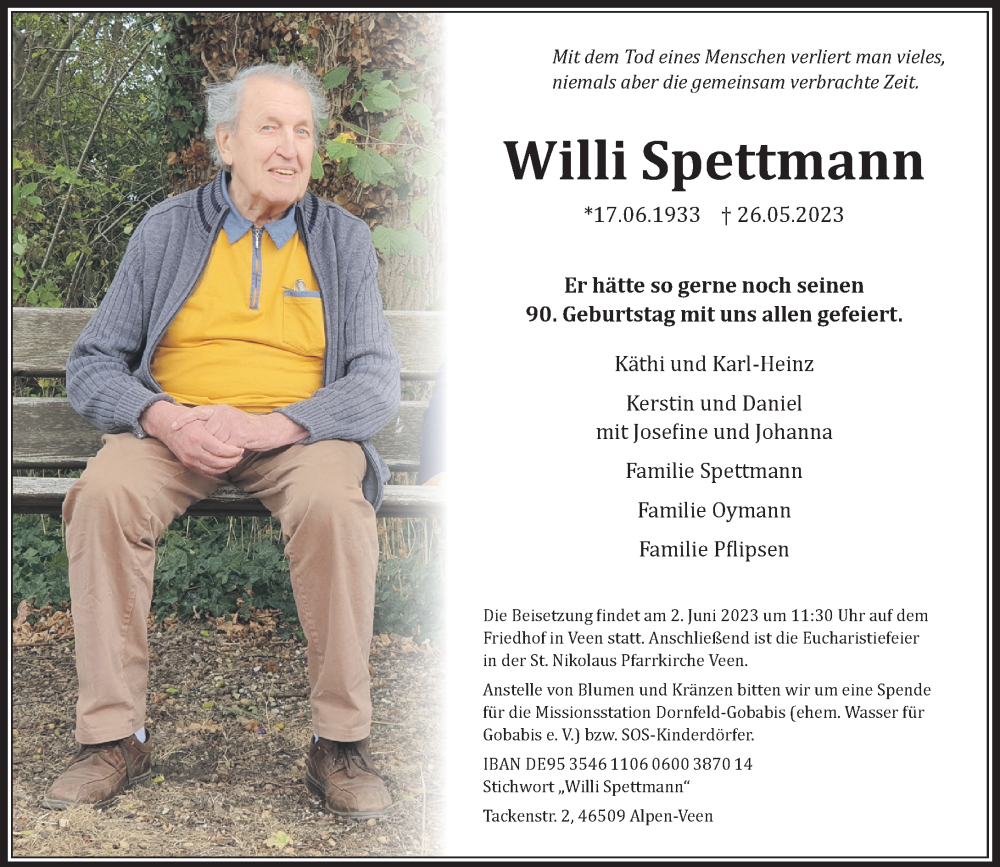  Traueranzeige für Willi Spettmann vom 01.06.2023 aus Rheinische Post