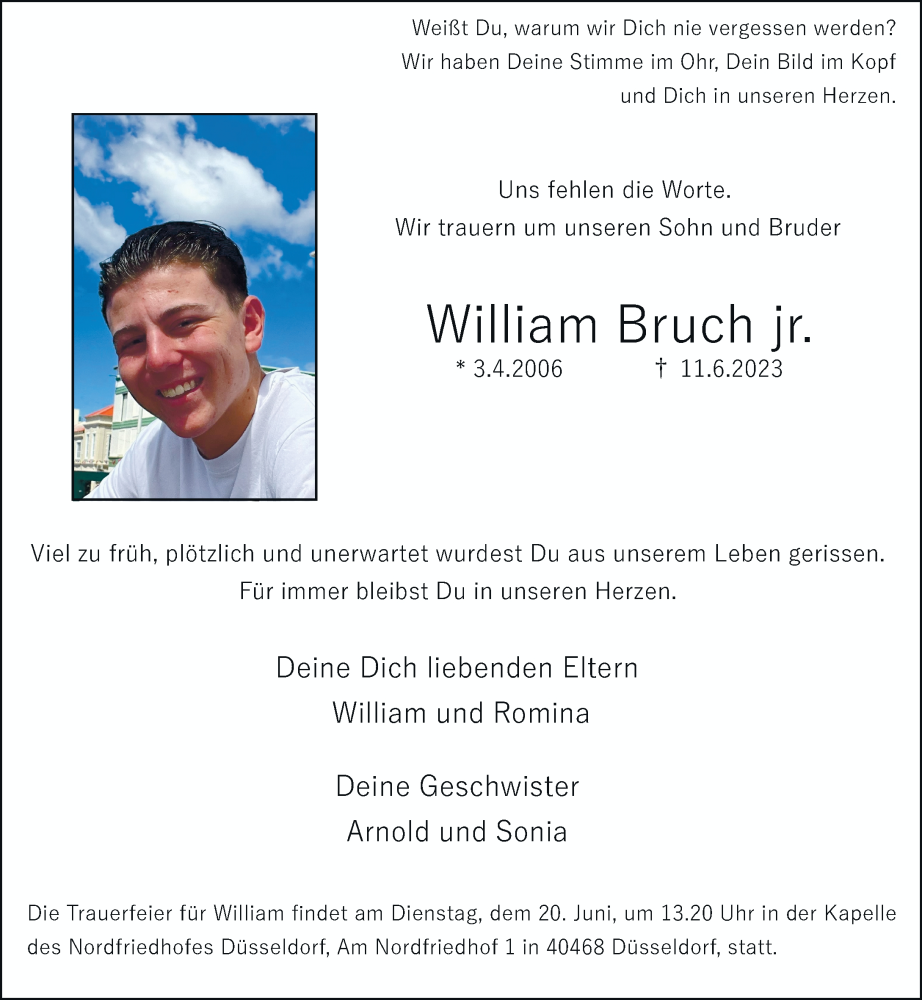  Traueranzeige für William Bruch vom 17.06.2023 aus Rheinische Post