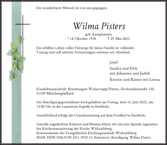 Traueranzeige von Wilma Pisters von Rheinische Post
