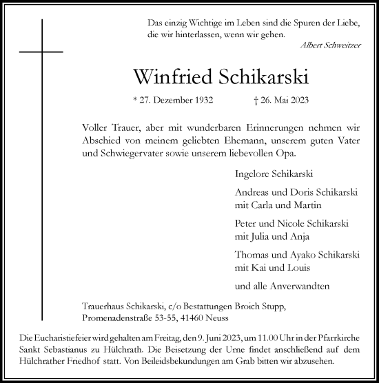Traueranzeige von Winfried Schikarski von Rheinische Post