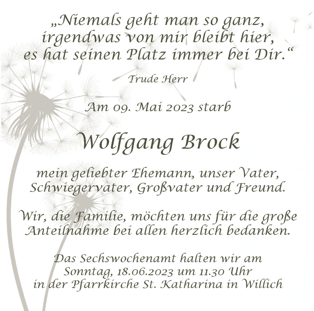  Traueranzeige für Wolfgang Brock vom 10.06.2023 aus Rheinische Post