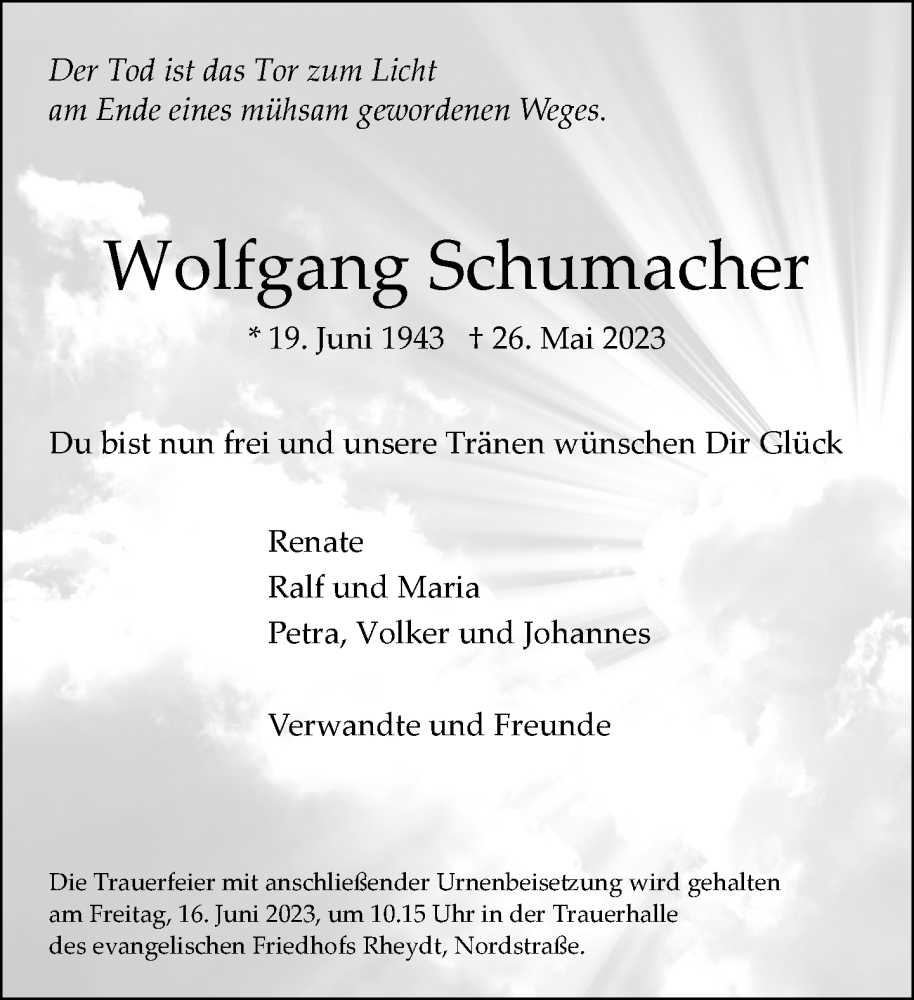  Traueranzeige für Wolfgang Schumacher vom 03.06.2023 aus Rheinische Post