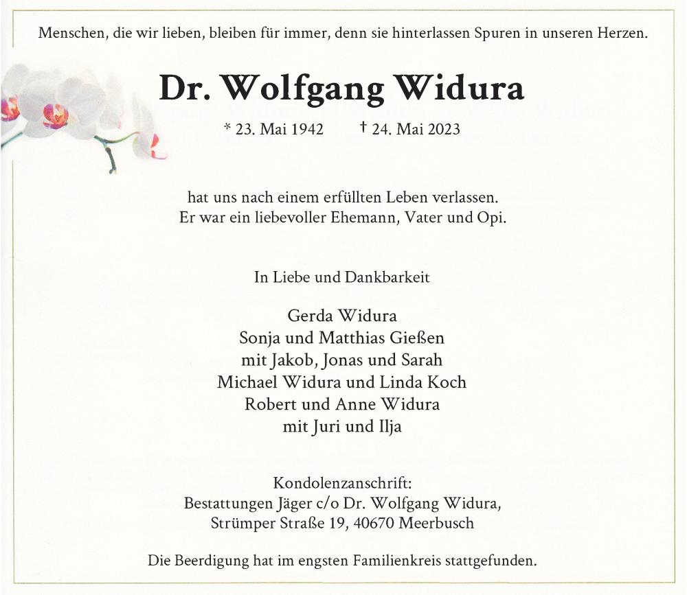  Traueranzeige für Wolfgang Widura vom 03.06.2023 aus Rheinische Post