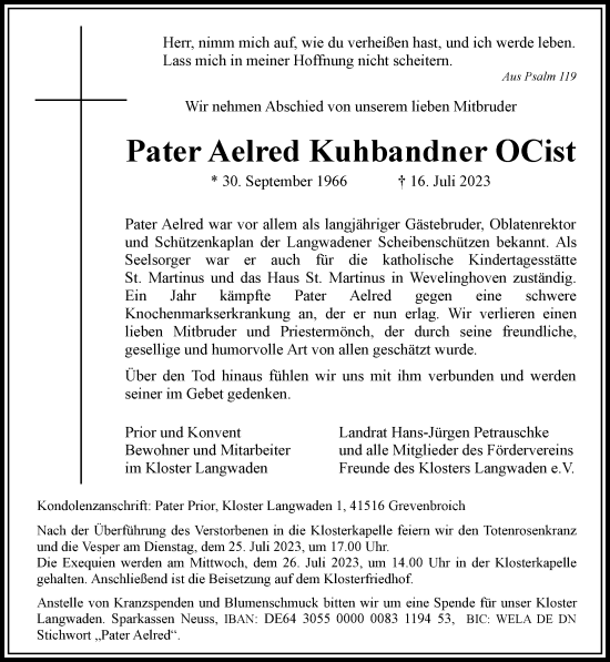 Traueranzeige von Aelred Kuhbandner von Rheinische Post