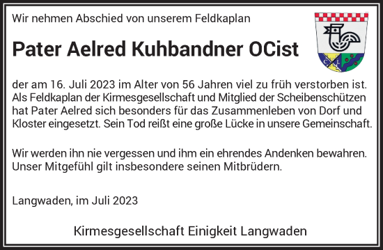 Traueranzeige von Aelred Kuhbandner von Rheinische Post