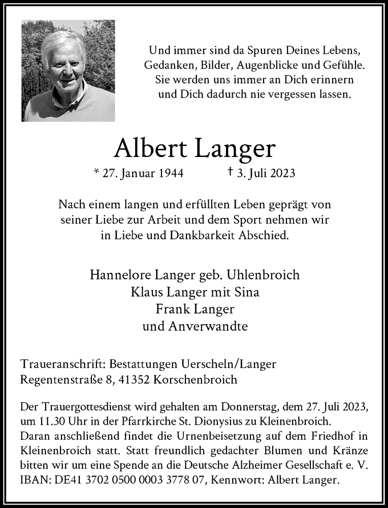  Traueranzeige für Albert Langer vom 15.07.2023 aus Rheinische Post