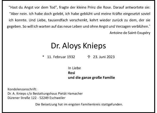 Traueranzeige von Aloys Knieps von Rheinische Post