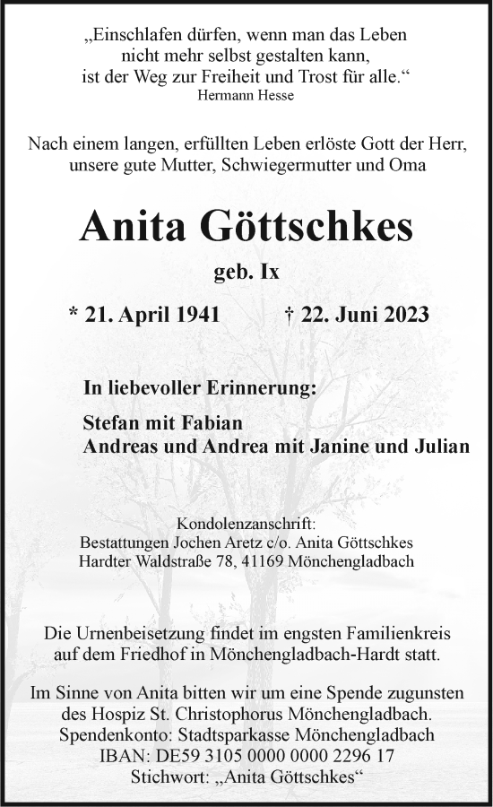 Traueranzeige von Anita Göttschkes von Rheinische Post