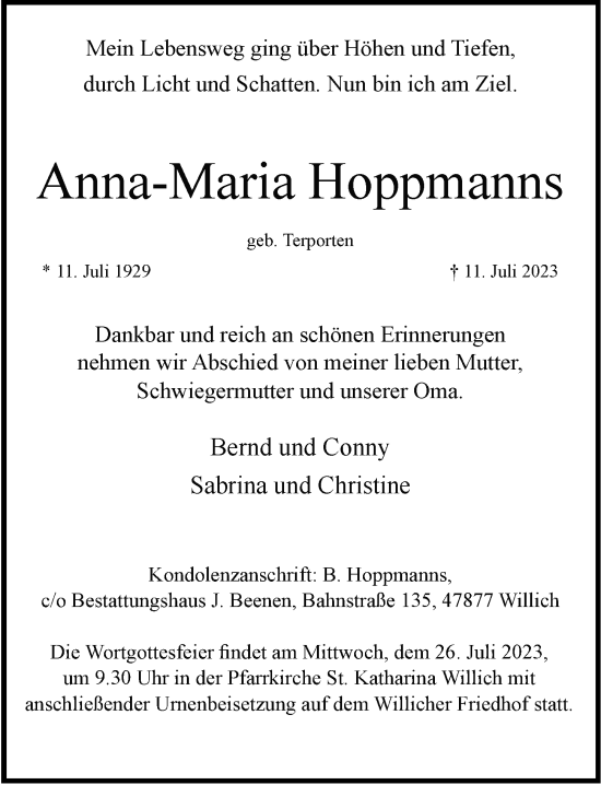 Traueranzeige von Anna-Maria Hoppmanns von Rheinische Post