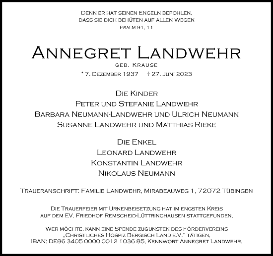 Traueranzeige von Annegret Landwehr von Rheinische Post