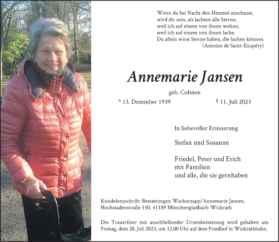 Traueranzeige von Annemarie Jansen von Rheinische Post