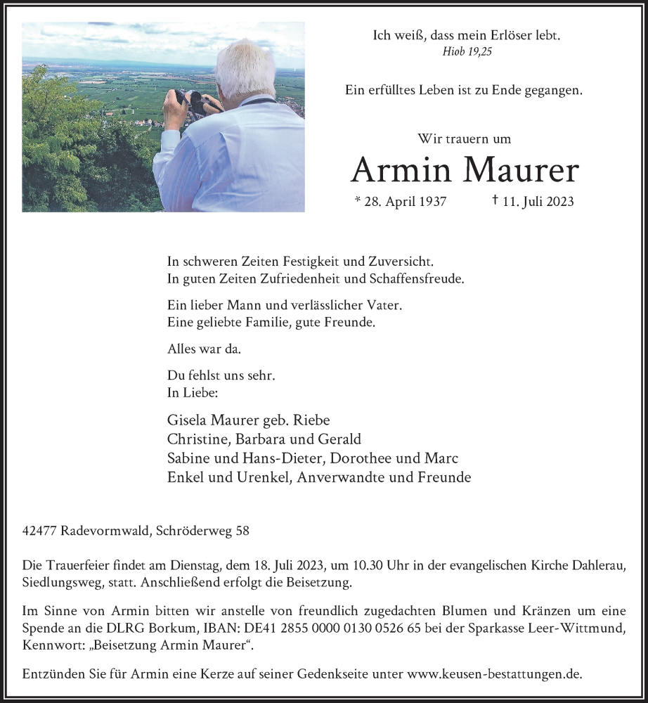  Traueranzeige für Armin Maurer vom 15.07.2023 aus Rheinische Post