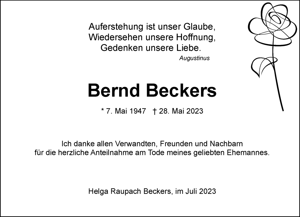  Traueranzeige für Bernd Beckers vom 15.07.2023 aus Rheinische Post