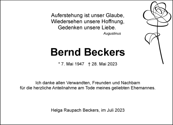 Traueranzeige von Bernd Beckers von Rheinische Post