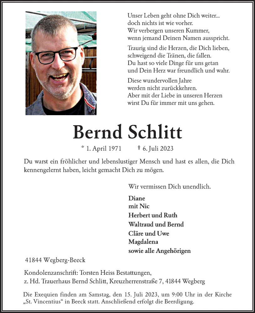  Traueranzeige für Bernd Schlitt vom 08.07.2023 aus Rheinische Post