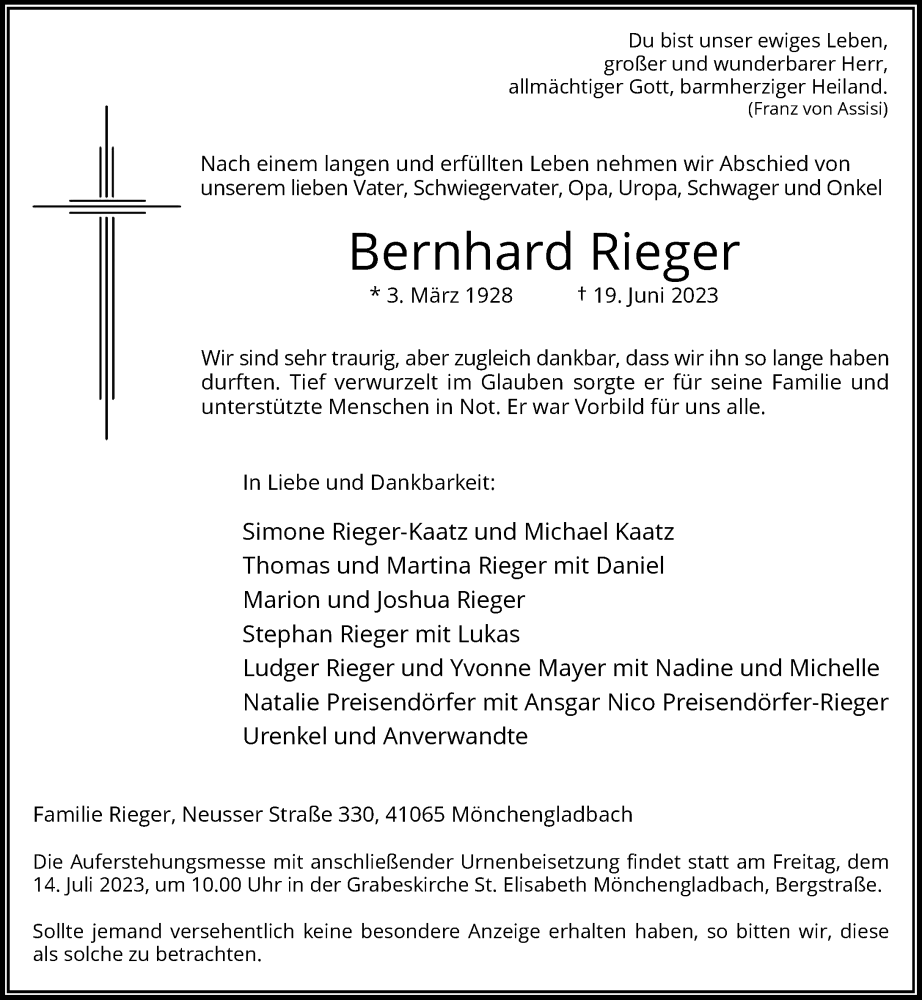  Traueranzeige für Bernhard Rieger vom 01.07.2023 aus Rheinische Post