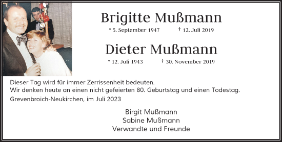 Traueranzeige von Brigitte und Dieter Mußmann von Rheinische Post