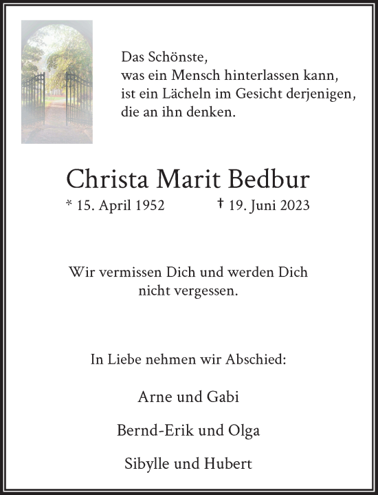 Traueranzeige von Christa Marit Bedbur von Rheinische Post