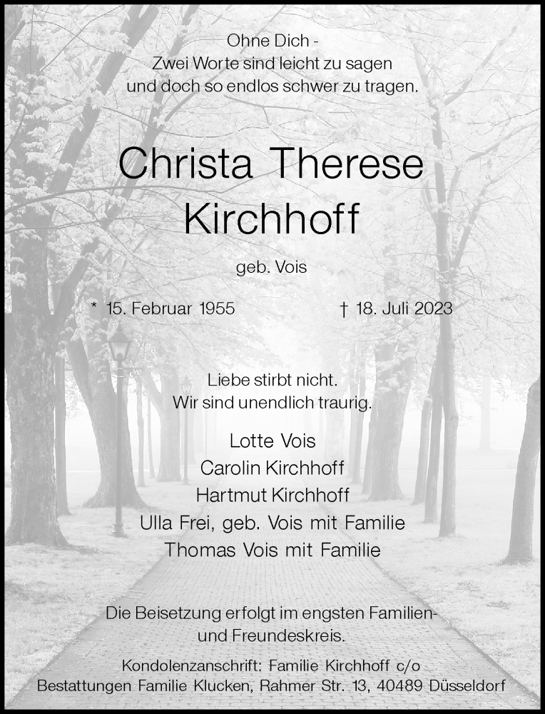  Traueranzeige für Christa Therese Kirchhoff vom 29.07.2023 aus Rheinische Post